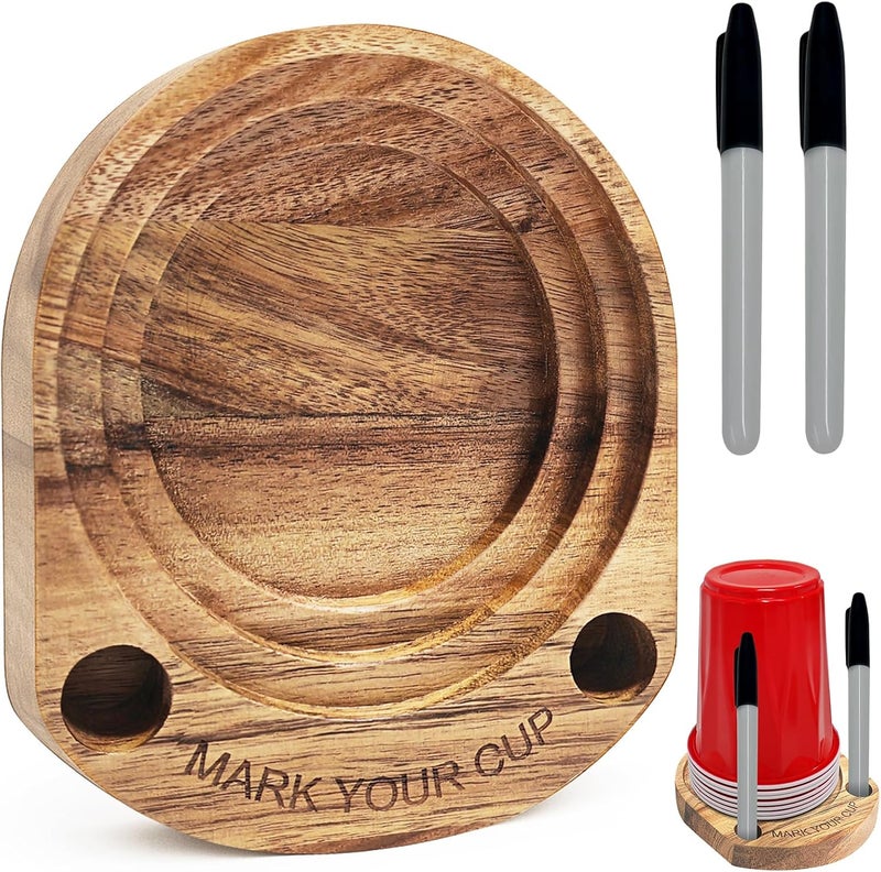 YAQUHO Party Cup Holder with Marker Slot, Acacia Wood Bathroom Cup Dispenser Mark Your Cup and Drink Up, Hosting Essential to Prevent Mix-Ups & Mark Your Cup for Birthdays, BBQs, Holiday Events - Image 1